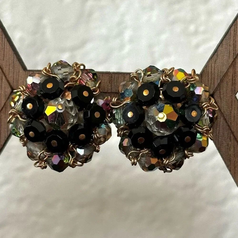Iridescent beaded vintage clip on earrings